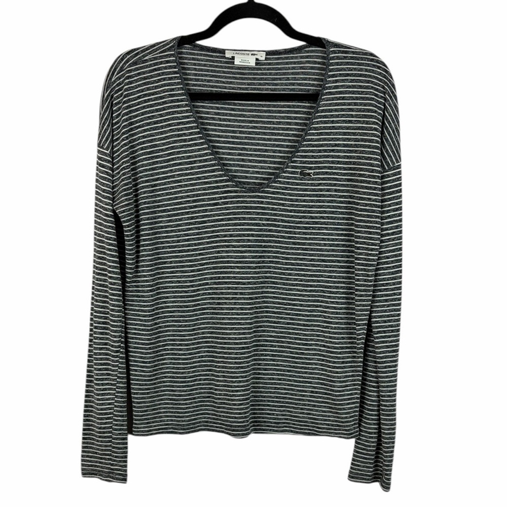 Lacoste Gray White Striped V-Neck Long Sleeve Top Size 36 Crocodile Logo